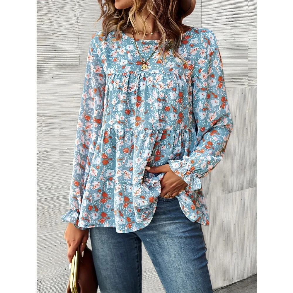 Plus Size 1XL-5XL Women'S Lapel Collar Bohemian Chic Floral Print Shirt with Ladies Casual Long Sleeves Blouse Shirt Top
