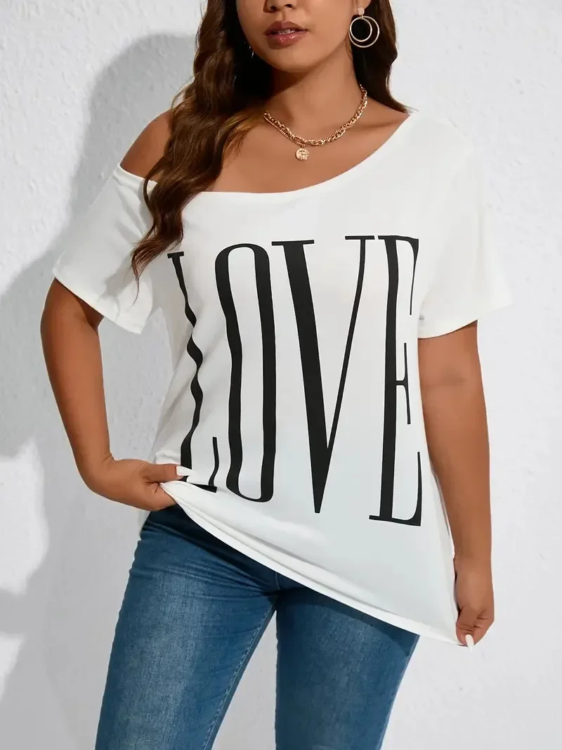 Plus Size 1XL-5XL Women Fashion Off Shoulder Short Sleeved Loose T-shirt Ladies LOVE Printed Casual Top Half Sleeved T-shirt