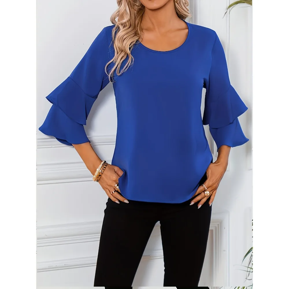 Plus Size 1XL-5XL New Women's Casual Layered Bell Sleeve Shirt Solid Color Ladies Fashion Long Sleeve Blouse Loose Shirt