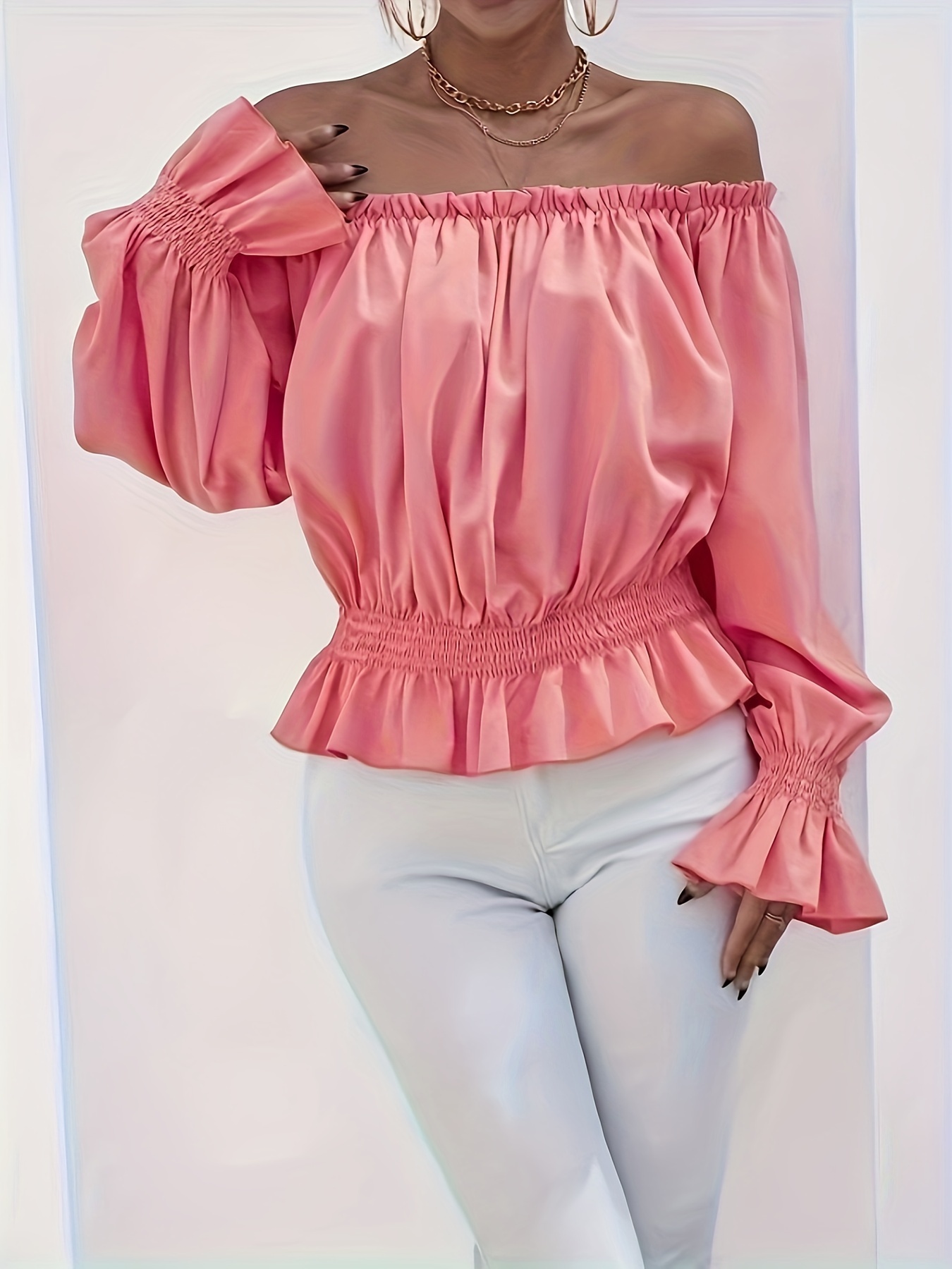 Plus Size 1XL-5XL Women's Solid Color Casual Shirt Top Fashionable Long Sleeved Off Shoulder Flare Sleeve Blouse Shirt Tops