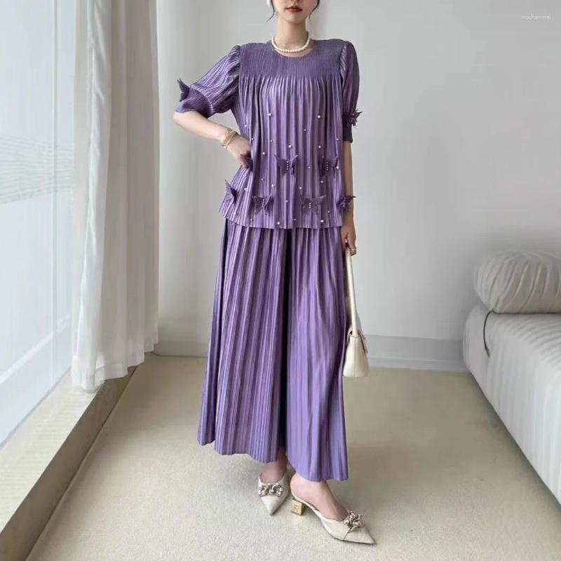 Women's Two Piece Pants Miyake Pleated Set Loose Full Sleeve Top Plus Size Half Skirt Fashion Splicing Petal Design