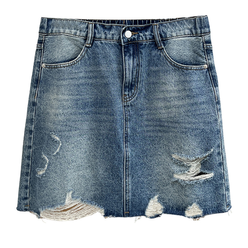 Plus Size Women's Denim Skirt Summer New Fashion Premium Ripped Holes 100KG Mid-length Skirt With Safety Short Pants 9368