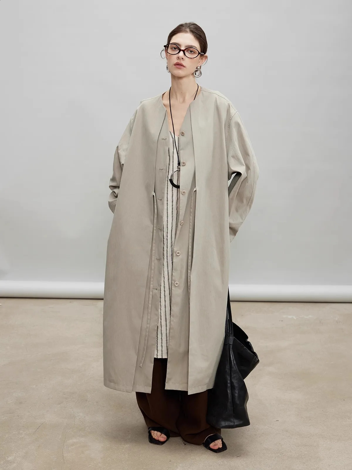Lautaro Spring Autumn Oversized Long Flowy Soft Trench Coat for Women V Neck Elegant 2 Piece Clothes 2025 250730