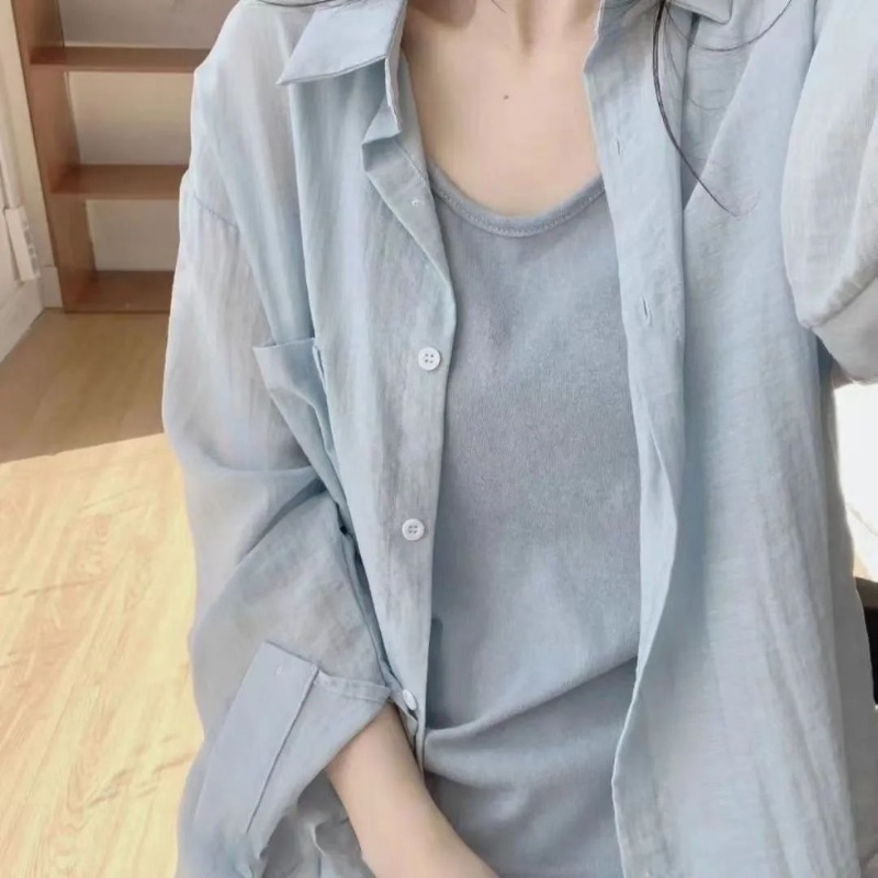 Women Summer Simplicity Loose Solid Color Cotton Linen Long Sleeve Shirts Ladies Fashion Office Lady All-match Sunscreen Tops