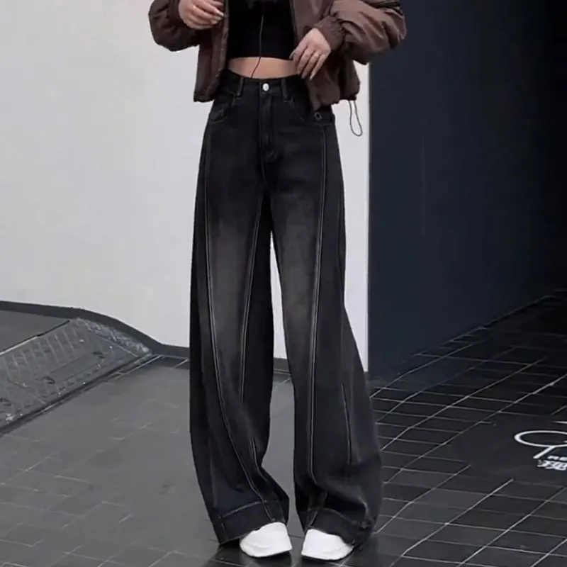 American Style High Waist Wide Leg Jeans Women plus Size Spring New Patchwork Design Straight Cut Trousers Grey Black