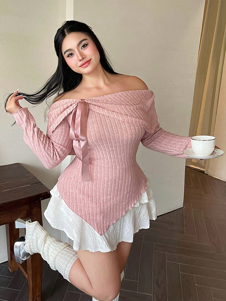 Plus Size Womens Solid Colour Strapless Long Sleeve Simple T Shirt Spring Daily Casual Dress Up Cute Wind Pure Colour Polyester