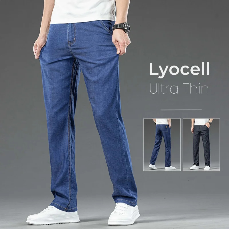 Ultra Thin Stretch Lyocell Jeans Mens Spring Summer Business Classic Loose Straight Casual Denim Trousers Male Clothing Pants 250730