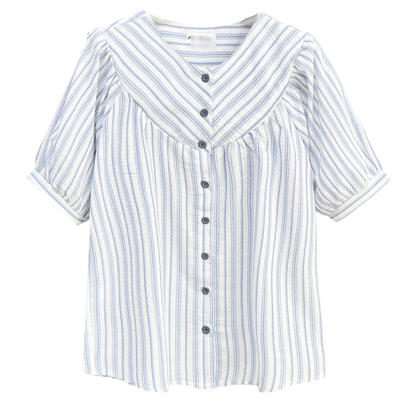 2025 Plus Size Women's Blouses Summer New Stylish Striped Puff Sleeved Shirt 100KG 3065