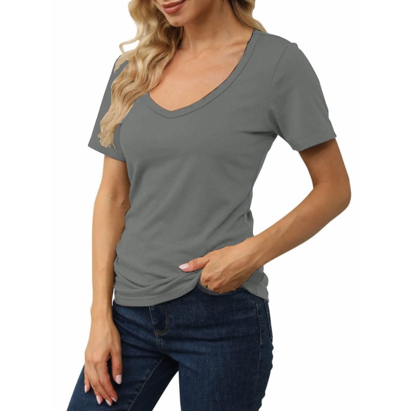 Plus Size Women's Summer Fashion Deep V-neck Solid Color Casual Basic Short Sleeved T-shirt