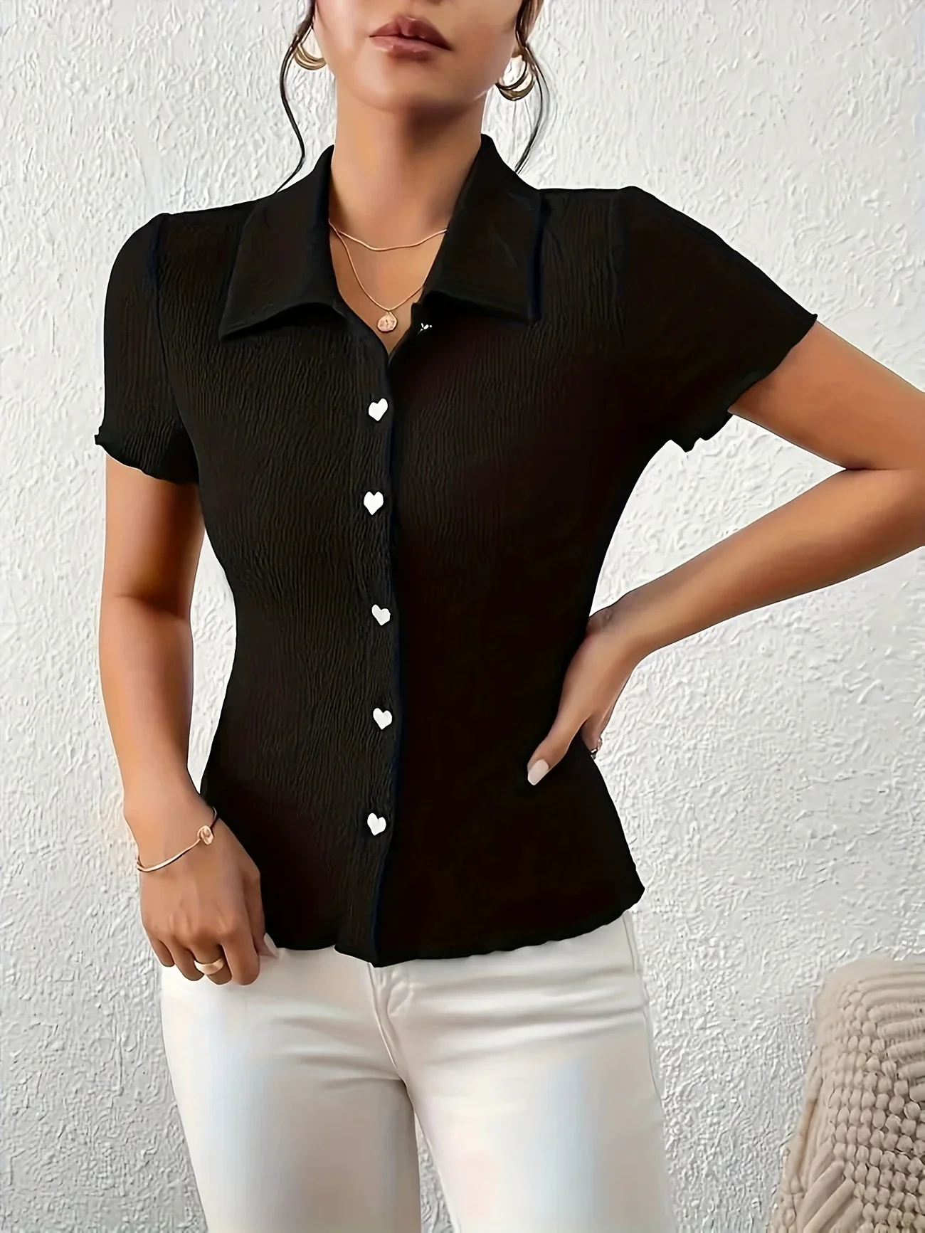 Plus Size 1XL-5XL Spring Summer Women's Elegant V-Neck Blouse with Heart Buttons Ladies Casual Solid Color Blouses T-shirt