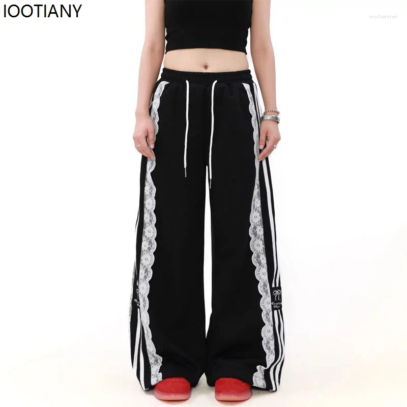 Women's Pants Y2k Sweet Lace Stitching Black Retro Striped Wide-leg Korean Fashion Harajuku Loose Casual Sports 2025