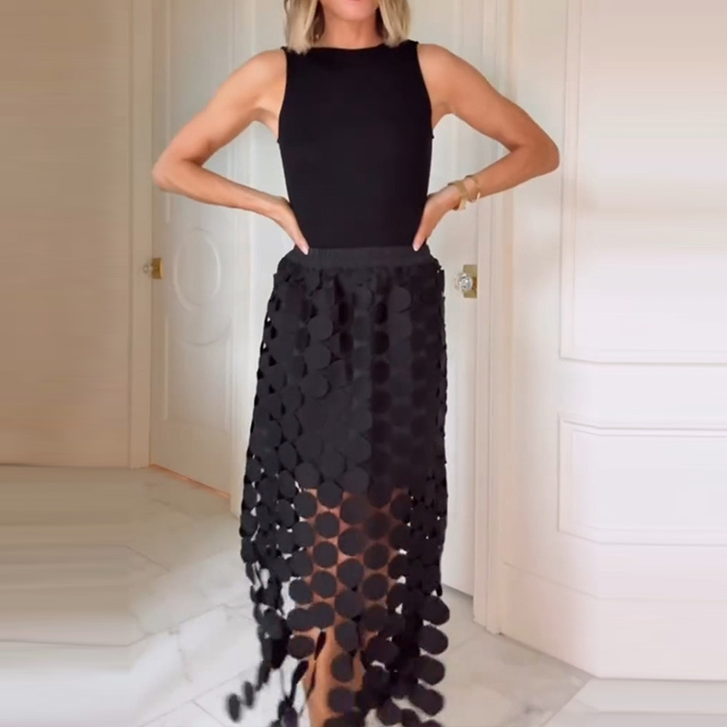 Casual Pullover Top & Long Skirt Suit Women Sexy Lace Fringe Hollow Out 2 Piece Outfits 2025 Elegant Sleeveless Solid Party Set