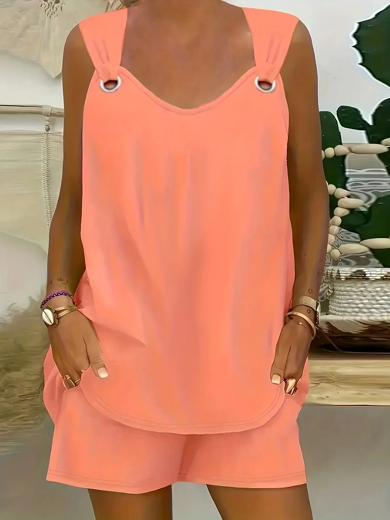 Plus Size 1XL-5XL Women's Solid Chic Casual Crew Neck Tank Top Two-Piece Set Grommet Eyelet Detail Tshirt & Trendy Shorts