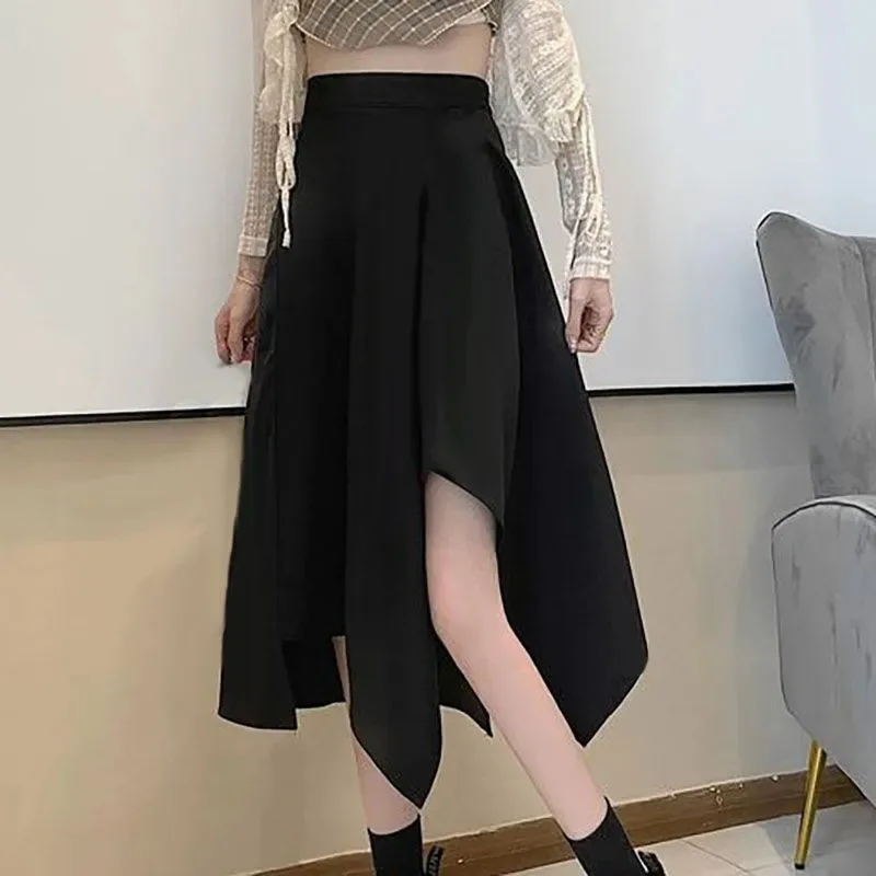 Spring Summer Asymmetrical Midi Skirt plus Size Belly Covering Leg Concealing High Waist Black A- Line Skirt Slimming for Trendy