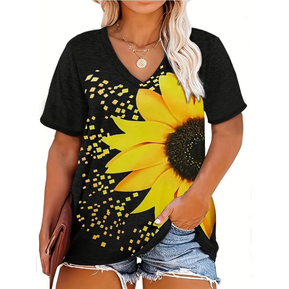 Plus Size 1XL-5XL Women's Sunflower Printed T-Shirt Casual Half Sleeved Top Women V-neck Color Checkered Print T-shirt