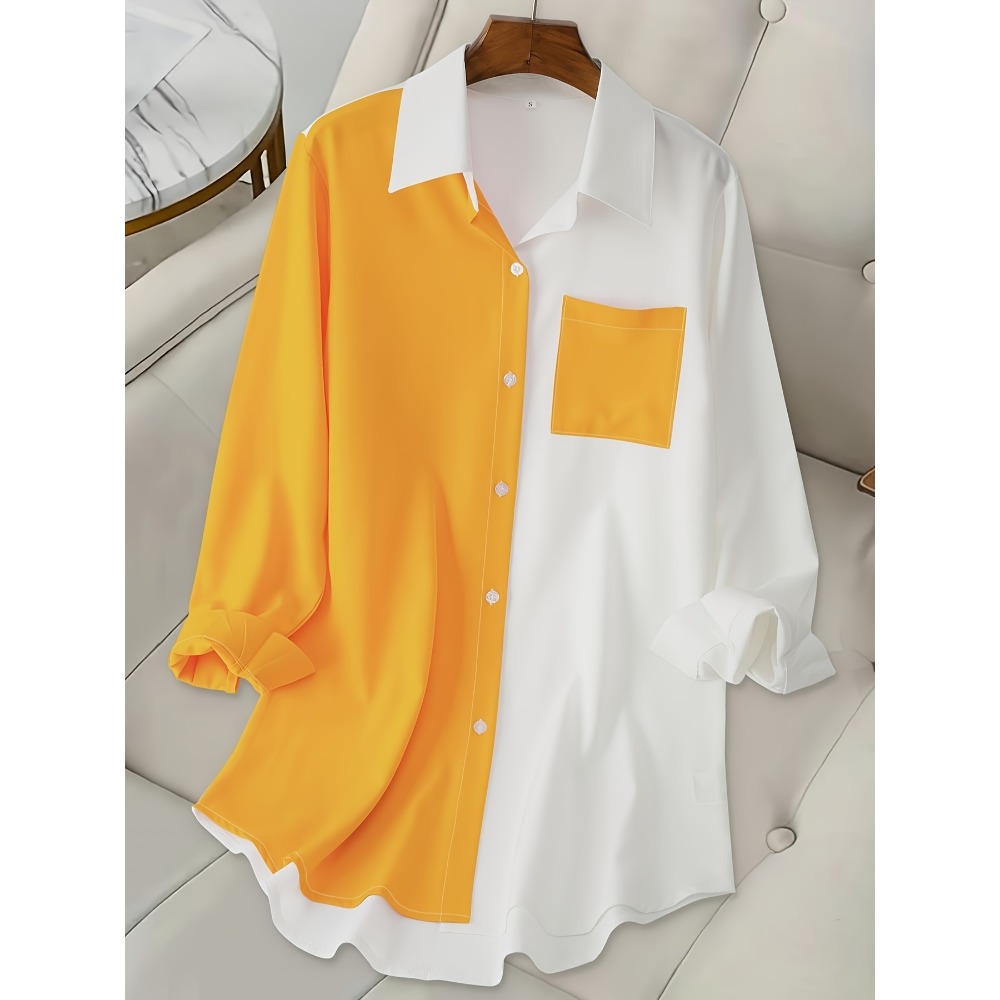 Plus Size 1XL-5XL Women's Patchwork Shirt with Lapel Collar Ladies Casual Long Sleeves Blouse Shirt Top