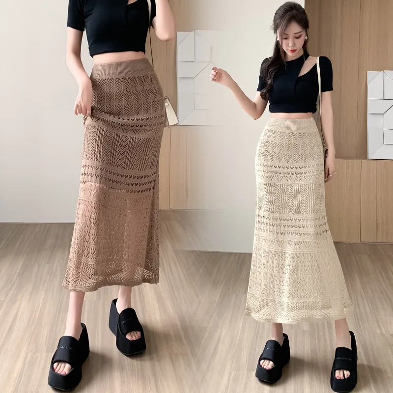 Korean Style Solid Color High-Waisted Lace Skirt For Women 2024 Summer New Arrival Medium Length Slimming And Smoothing A- Line