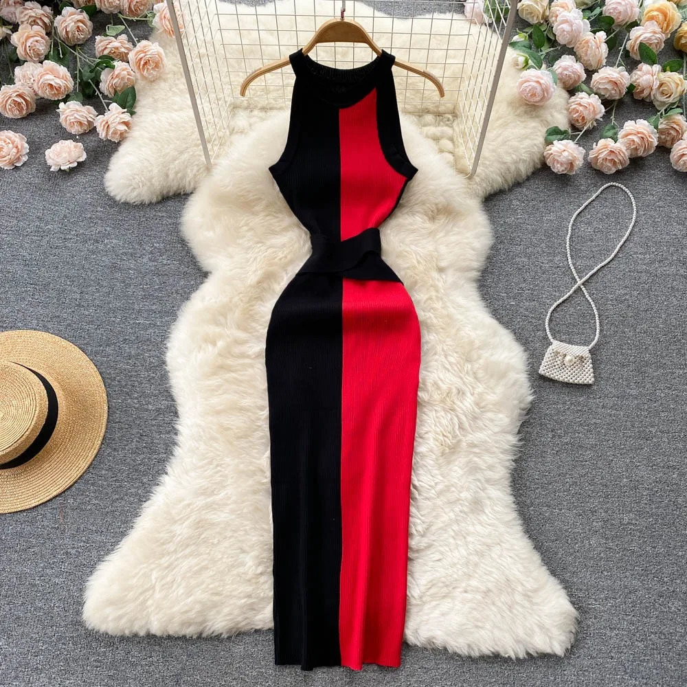 YuooMuoo Women Dress Summer Elegant Rib Knit Slim Waist Bandage Pencil Dress Office Lady Sleeveless Bodycon Sweater Dress 250725