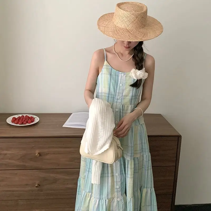 New Lazy Style Light Checkered Skirt Casual French Gentle Wind Short plus Size Long Dress Polyester Fiber Knee-Length Empire Wai