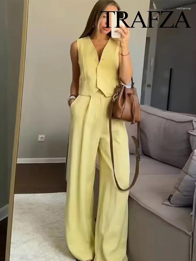 Women's Two Piece Pants TRAFZA Solid Suit Loose V-Neck Single-breasted Vest Zipper High-waisted Side Pocket Wide-leg Casual Pant