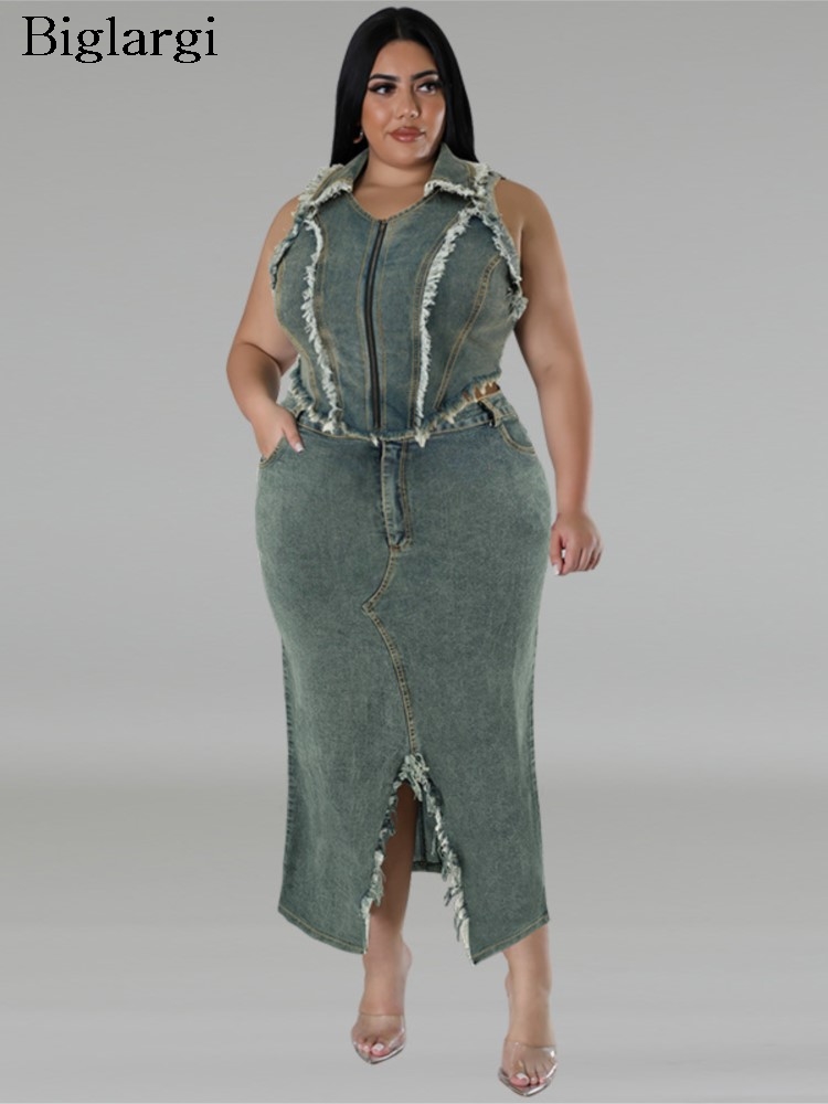 Plus Size Denim Summer 2 Two Piece Set Women Slim Ladies Sleeveless Cropped Blouses Bodycon Fashion Split Sexy Woman Skirts