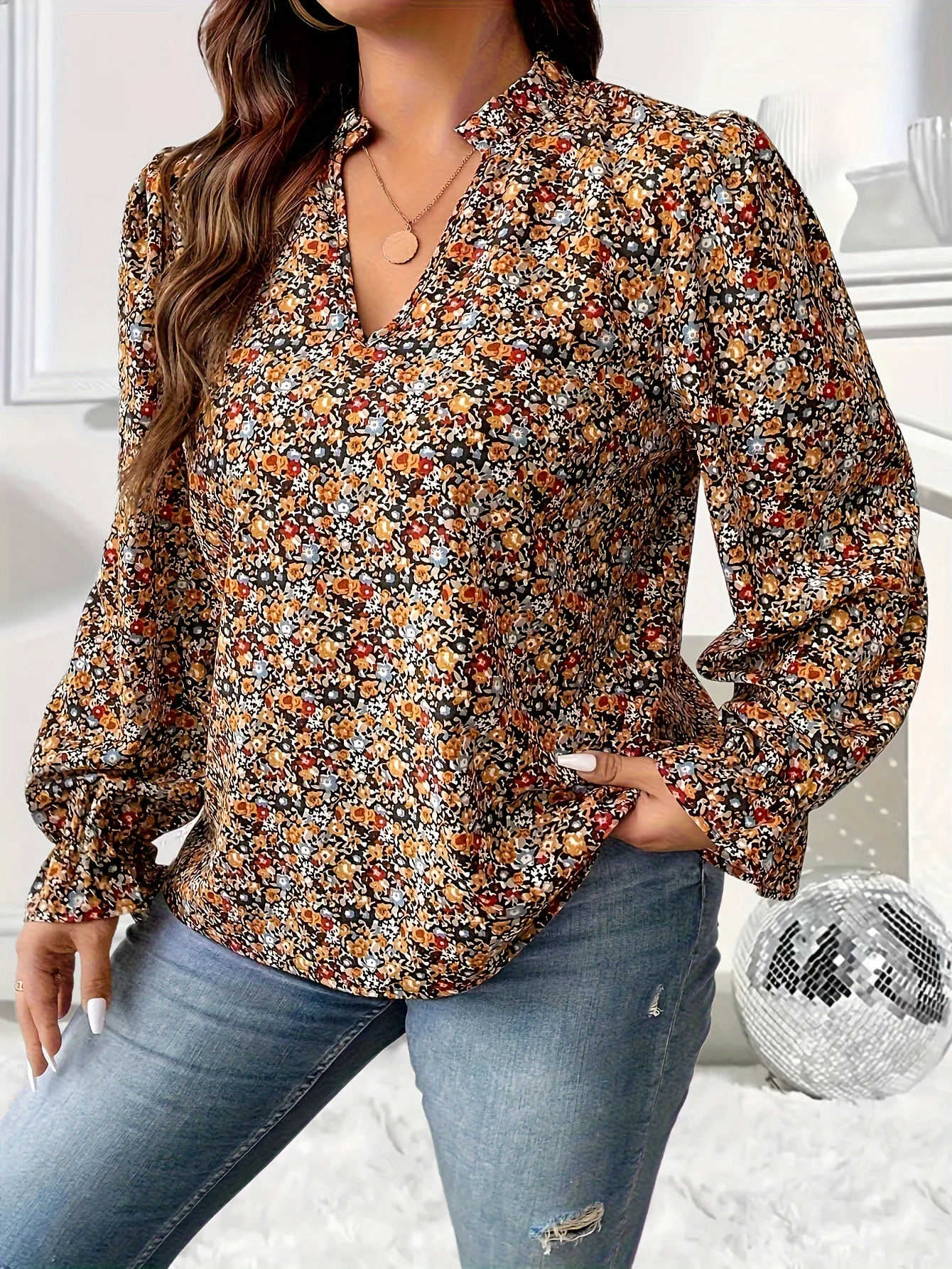Plus Size 1XL-5XL Women's Casual Ditsy Floral Print Flounce Sleeve Blouse Women Fashion V-neck Long Sleeved Shirt