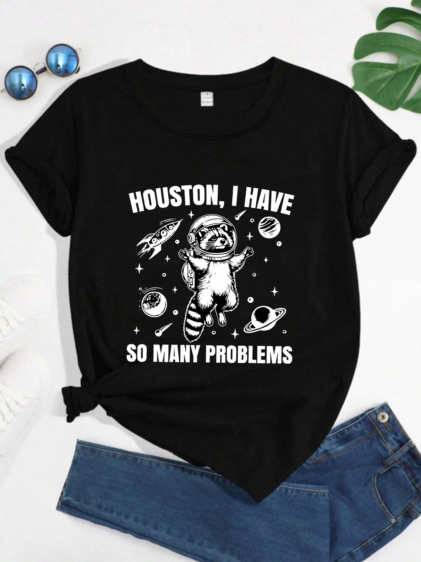 Space-Raccoon Rocket Plus size women's round neck short sleeve T-shirt with elastic half sleeves and trendy prints