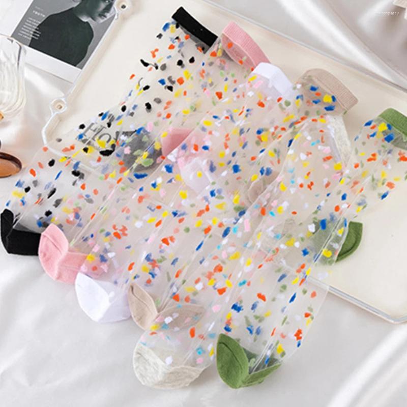 Women Socks 6 Pairs/Lot Women's Transparent Glass Silk Stockings Retro Polka-Dot Spring And Summer Thin Japanese Crew