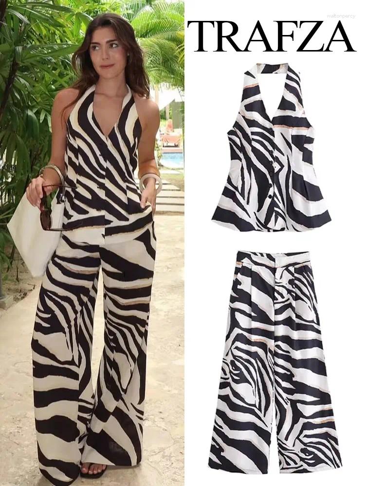 Women's Two Piece Pants TRAFZA Women Suit Fashion Zebra Stripes Single Breasted Sexy Sleeveless V-Neck Top High Waist Zipper Casual Wide Leg