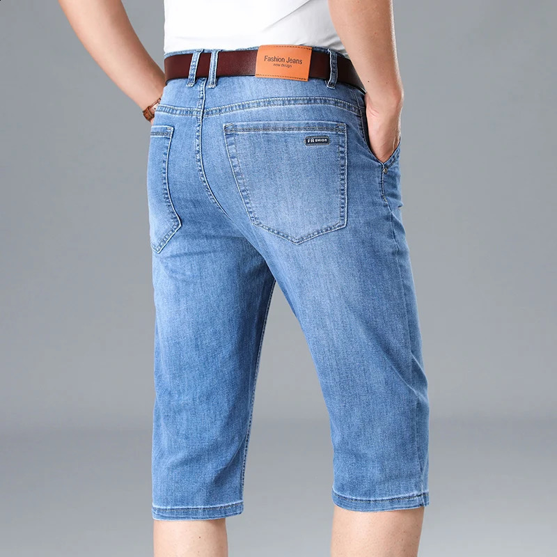 Summer Mens Thin Stretch Short Jeans Business Casual Blue Straightleg Cotton Denim Calflength Pants Male Clothes 250730