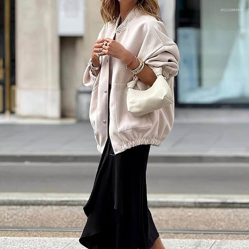 Women's Jackets Autumn Winter Stand Collar Pocket Coat Chic Loose Solid Color Commute Outerwear Trendy All Matching Long Sleeve Jacket For