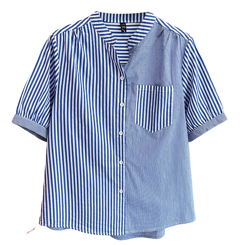 100KG New Summer Blouses Casual And Stylish Small V-neck Striped Short Sleeved Color Blocking Shirt For Plus Size Women 2411