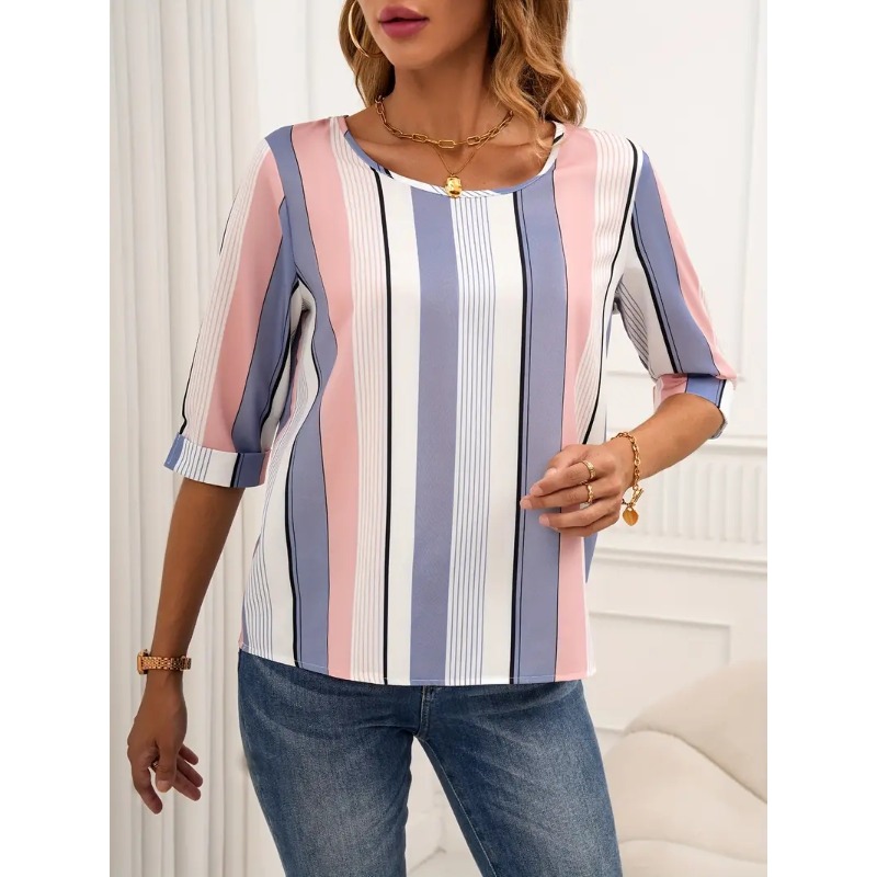 Plus Size Women's Casual Fashion New Casual Round Neck Half Sleeved Colorful Square Stripe Shirt