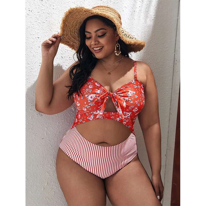 Floral Style Plus Size One-piece Swimsuit for Women, New Hollowed Out Design, Tight Fitting and Gathering Girls' Swimsuit for