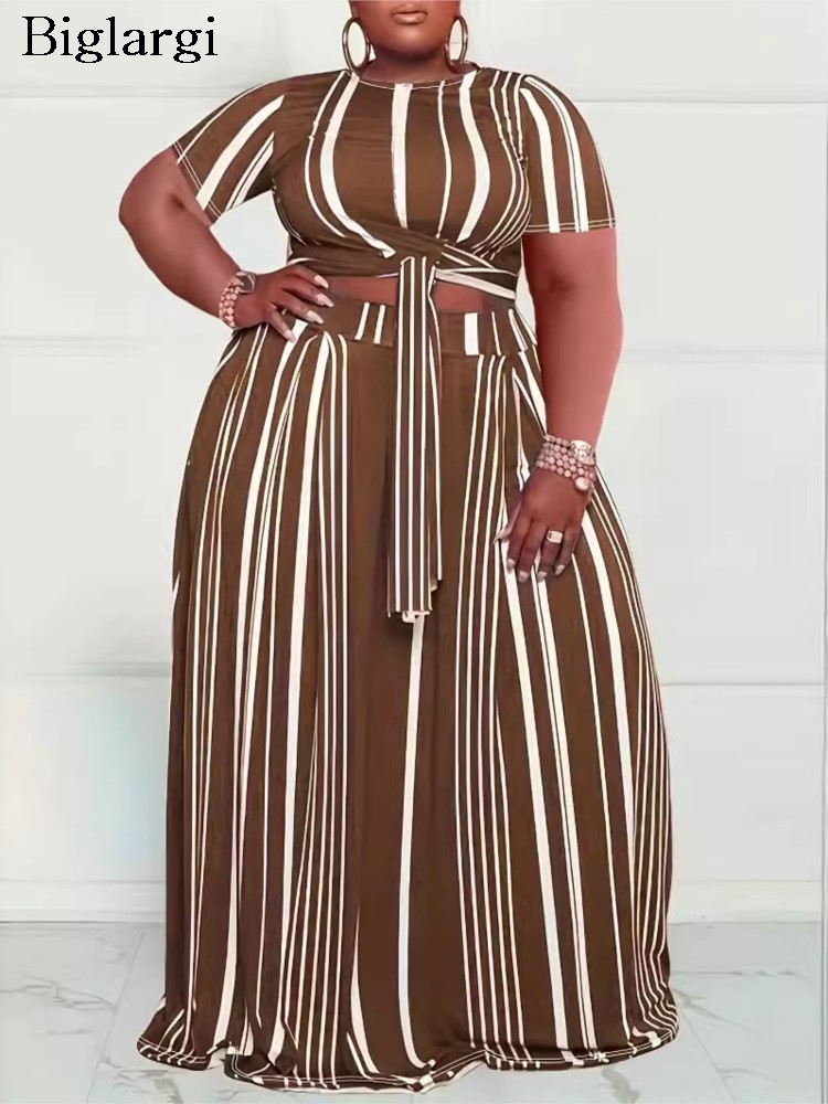 Plus Size Summer Striped Print 2 Two Piece Set Women Slim Bodycon Modis Ladies Cropped Blouses High Waist Loose Woman Long Skirt