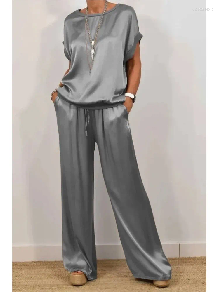 Women's Two Piece Pants Summer Loose And Comfortable Casual Wide-leg Trousers Set Simple Commuting Solid Color Round-neck Top Two-piece