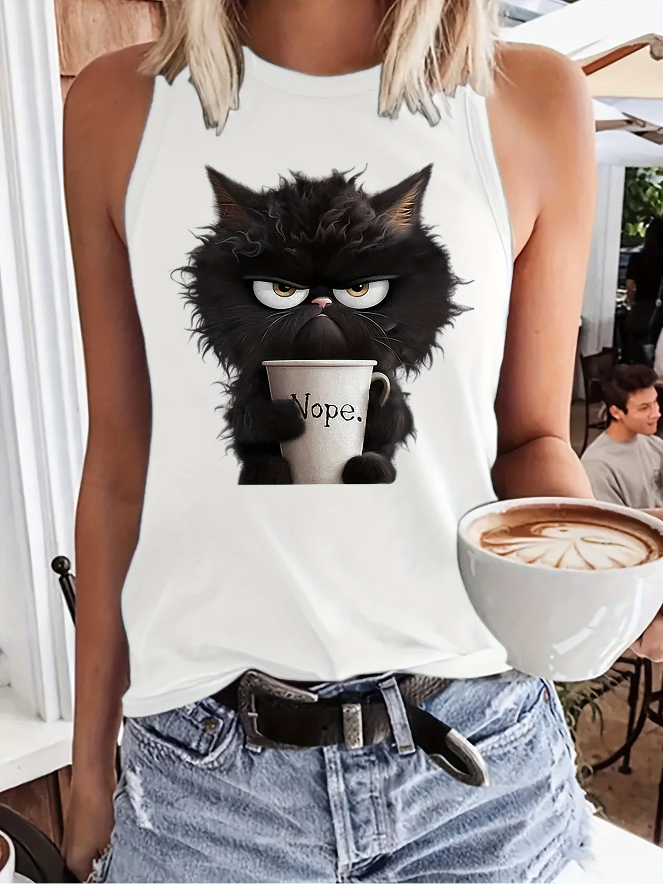 T-shirt Black coffee cat Design Printed Vest Graphic Print Tank Top Womenâs Sleeveless Crew Neck Casual Top for Summer Spring
