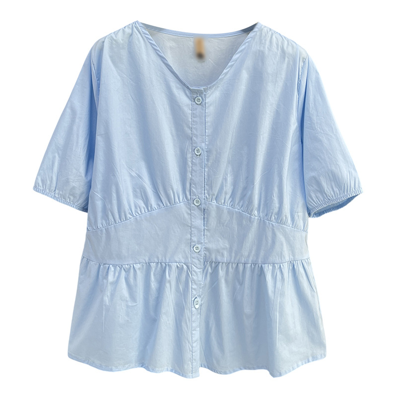 100kg New Summer Plus Size Women's Shirt Simple And Casual Slim Waist Solid Color Short Sleeved Blouses 008