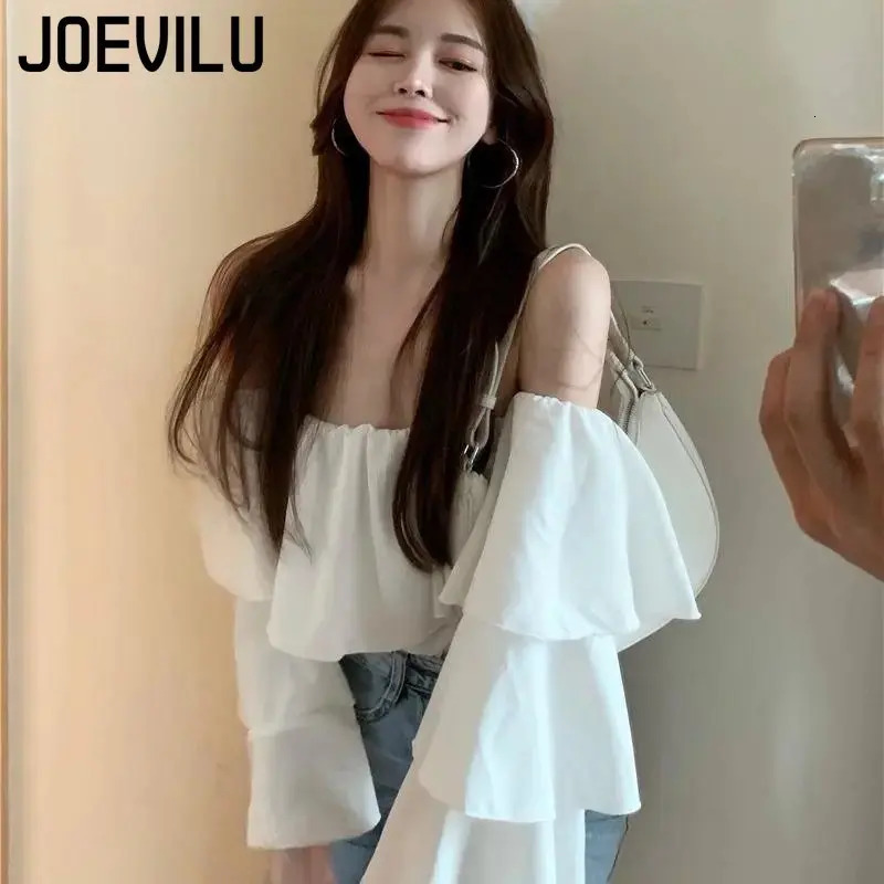 JOEVILU Chiffon Shirt Off Shoulder Ruffle White Blouse Spring and Summer Womens Casual Tops Ladies Korean Style Blusas Crop Top 250730