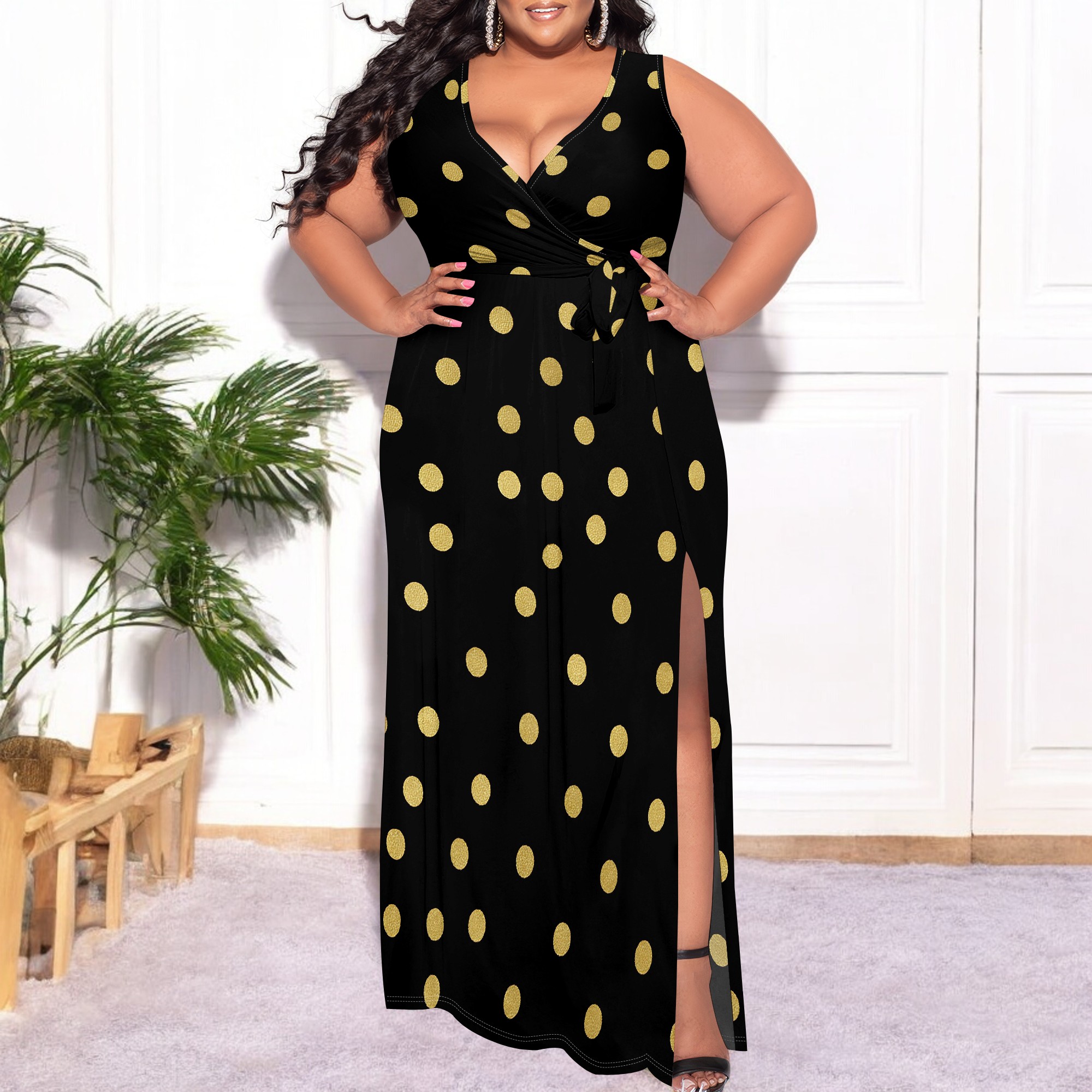 Black & Gold Polka Dot Maxi Dress XL-6XL Plus Size Wrap Fit with Slit for Cocktail, Holiday Party or Birthday Dinner