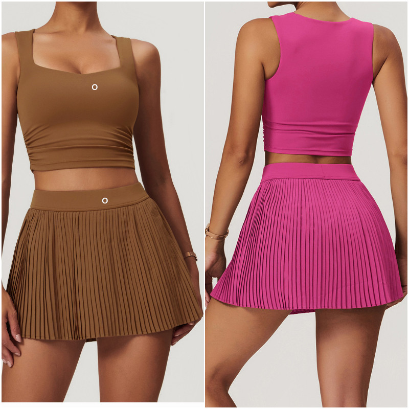 8782 Womens Yoga Outfit Sets Two Pieces Skirts Vest Tennis Sport Gym Running Casual Shorts Elastic High Waist Sportwear Lined Sleeveless