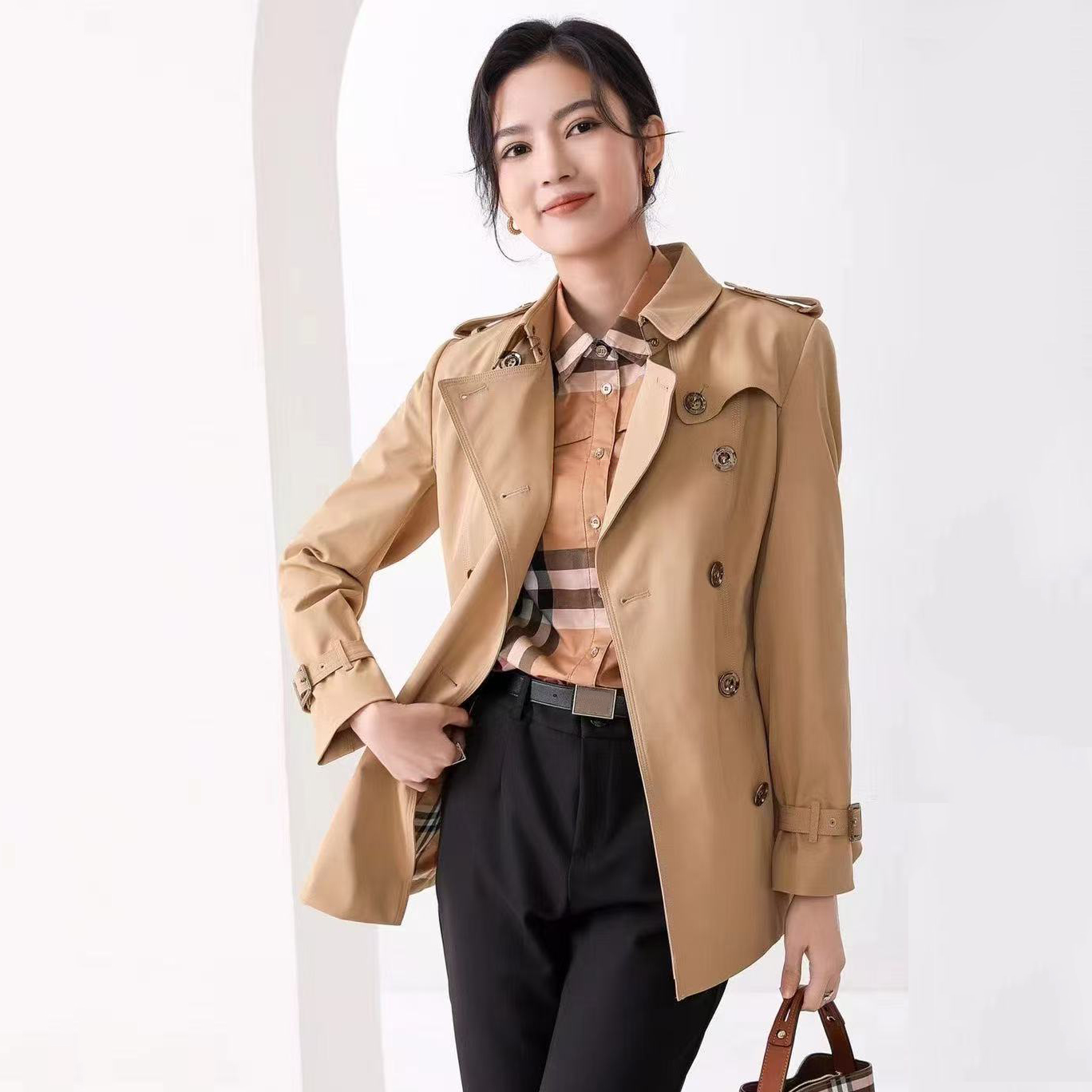 Luxury High Quality 2025 British Double-breasted Lapel Slim Trench Coat, Women's Fashion Cropped Jacket