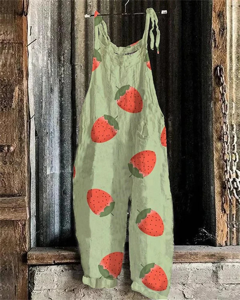 Womens Summer Bohemian Casual Jumpsuit Wide Leg Overalls Fruit 3D Print Loose Pants 250730