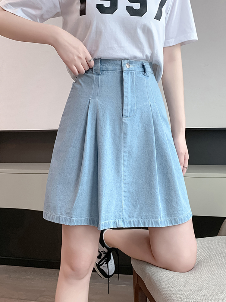 Summer Loose Plus Size Denim Skirts Woman Casual Solid A-line Jean Mini Skirt Women Vintage Elastic Waist Folds Jupe Short Femme