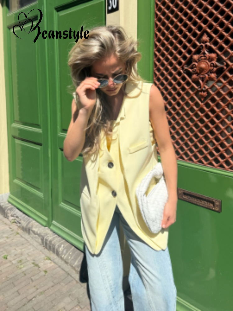 Elegant Single Breasted Sleeveless Jacket Women Chic V-neck Solid Loose Office Pockets Female Jackets 2025 Autumn Street Top