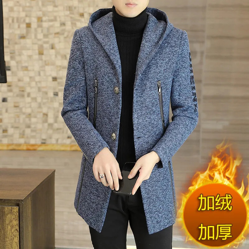 Mid-Length Youth Stylish Korean Version Trench Coat Men Slim Fit Casual Fashion Woolen Coat Hooded Trench Coat Stylish 250725