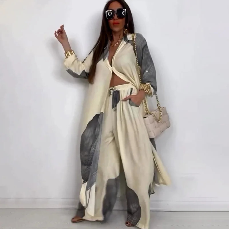 Elegant Print Two Piece Set Women Outfit Summer Fashion Long Sleeve Loose Shirts Dress And Pants In Matching Sets 250715