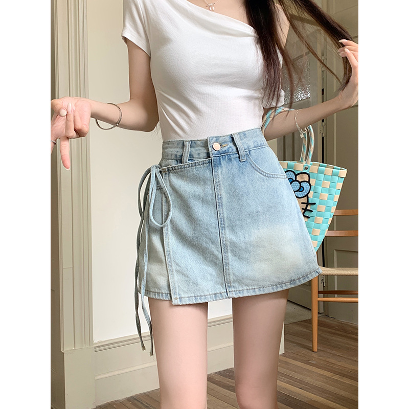 Women's faux two-piece denim shorts skirt 2025 summer fashion new high-waisted irregular design sense ribbon skirt pants
