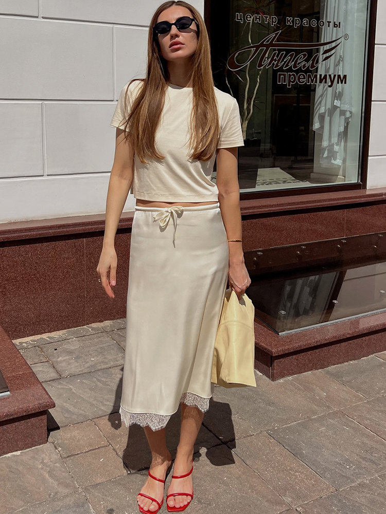 Fantoye Patchwork Satin Summer New A-line Lace Women Skirt Apricot Lace Up High Waist Skirt Casual Y2k Vacation Streetwear 2025
