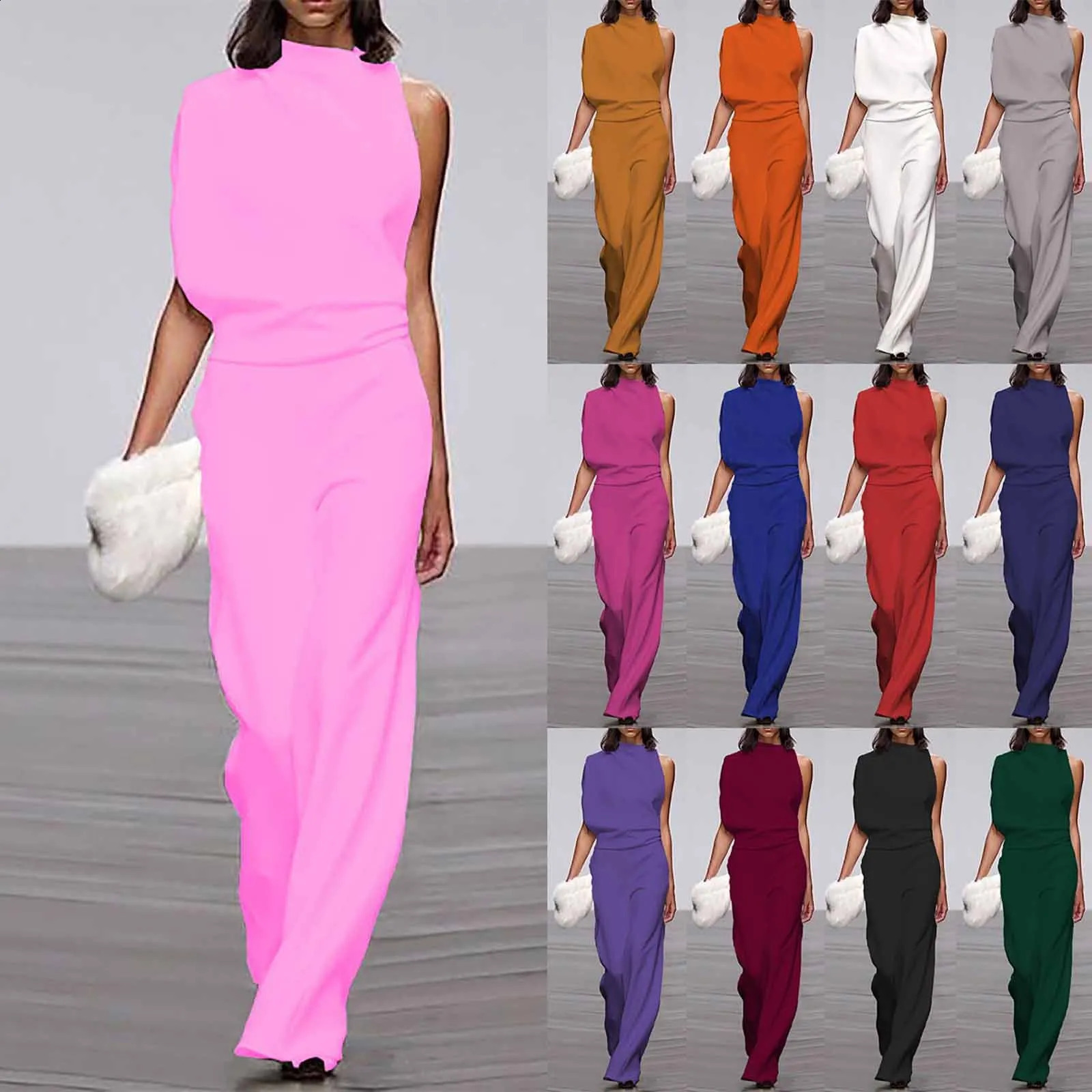 Women Fashion Long Rompers High Neck Sleeveless Overalls Wide Leg Pants Vintage Playsuits 2024 Summer Waisted Jumpsuits 250730